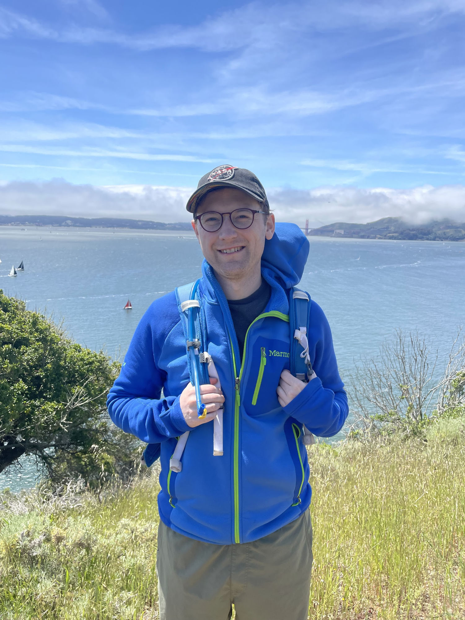 Hiking on Angel Island with the Golden Gate Bridge in the background