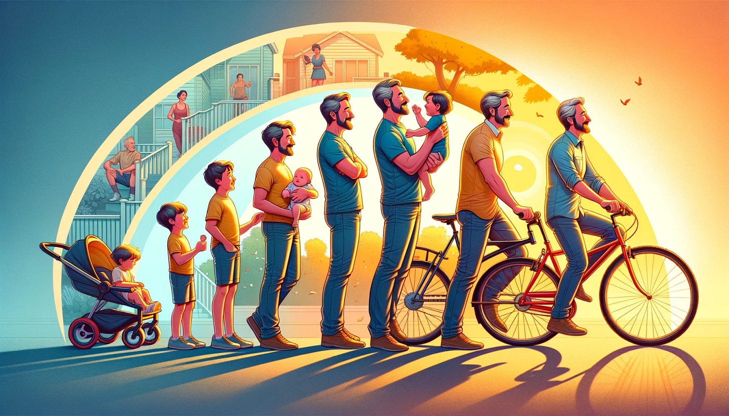 An image for an essay on fatherhood titled 'In The Long Run, We’re All Dad'. The image depicts a series of life stages of a father and child. The left shows a young father holding a baby, the middle shows the father teaching a child to ride a bike, and the right shows an adult child with an older father, symbolizing the journey of fatherhood. The background transitions from a sunny park to a comfortable home setting, reflecting the passage of time and the enduring bond between father and child.