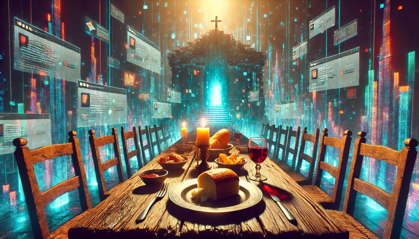 A surreal, futuristic dining scene featuring an old wooden table in the middle of a digital, glitchy world. On the table, there is a half-eaten meal consisting of bread and wine, evoking a symbolic or biblical reference to 'Jacob's Last Meal.' The environment around the table is a cyberpunk-inspired landscape with floating holographic screens, pixelated distortions, and intrusive notifications appearing in mid-air. The contrast between the traditional meal and the high-tech, chaotic background reflects a struggle between reality and digital overload. The lighting is eerie, with warm candlelight illuminating the table while cold neon lights and digital noise dominate the surroundings.